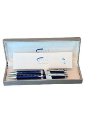 Vtg Cross Coventry Translucent Blue Lacquer Chrome Pen Pencil Writing Set NIB